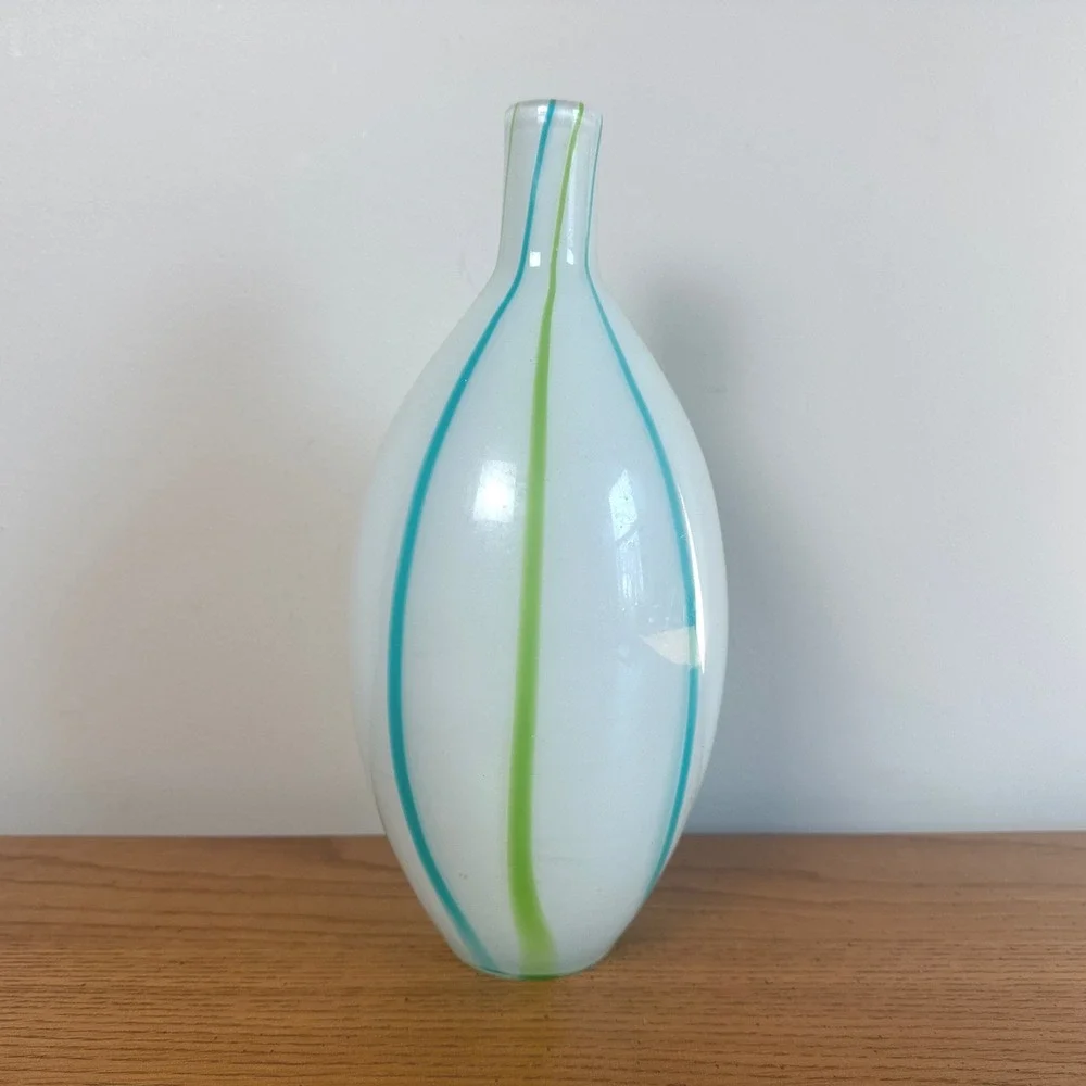Vintage Hand‎ Blown Art Glass Vase White with Teal and Lime Green Stripes
